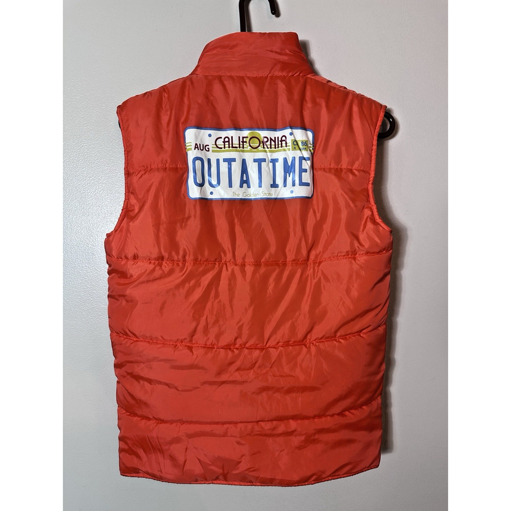 Back to the Future Vest Mens XS Orange OUTATIME California Plate Puffer Lootwear - Picture 3 of 10